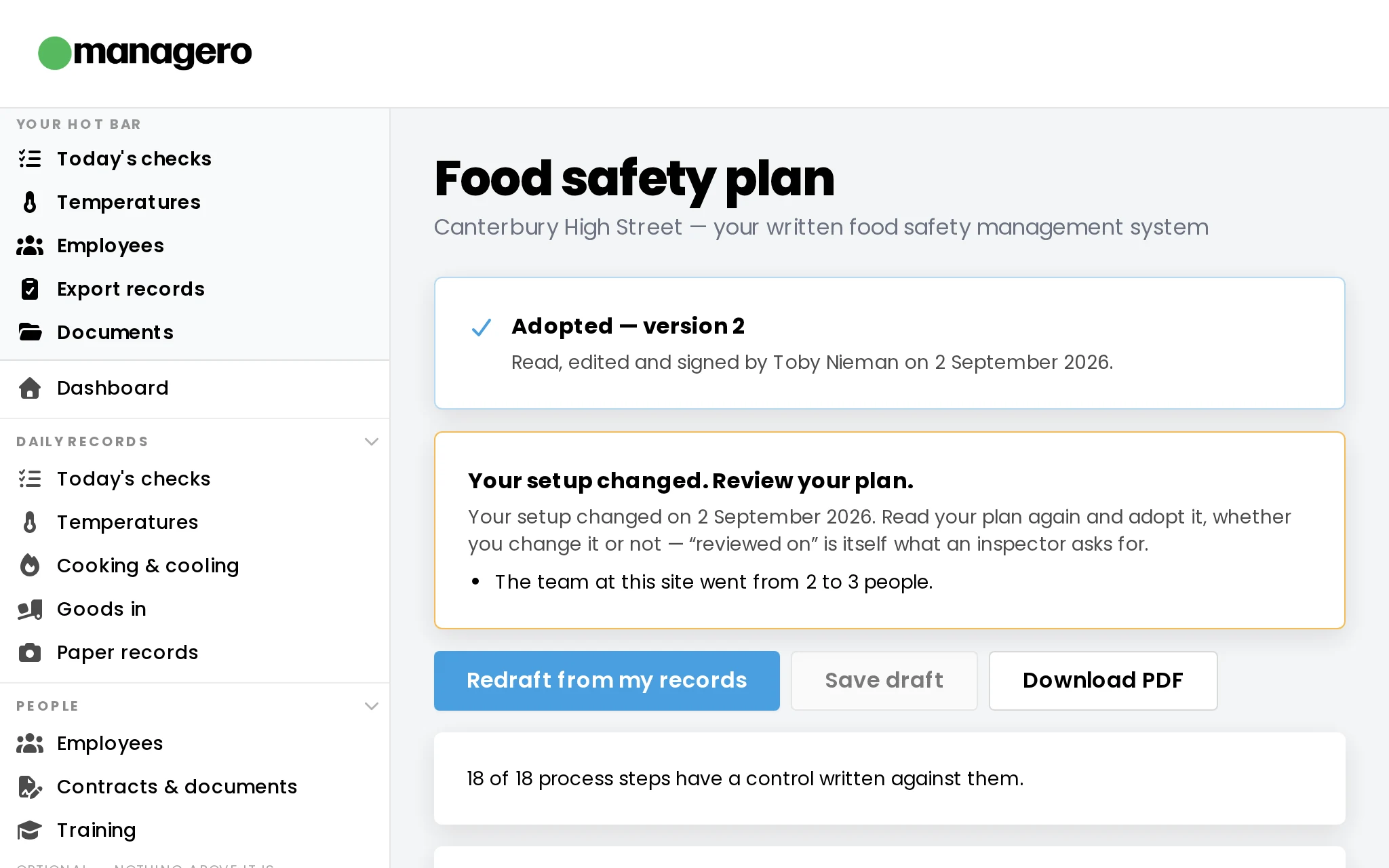 The managero food safety plan open on a laptop, showing the adopted and signed version alongside the app’s menu.