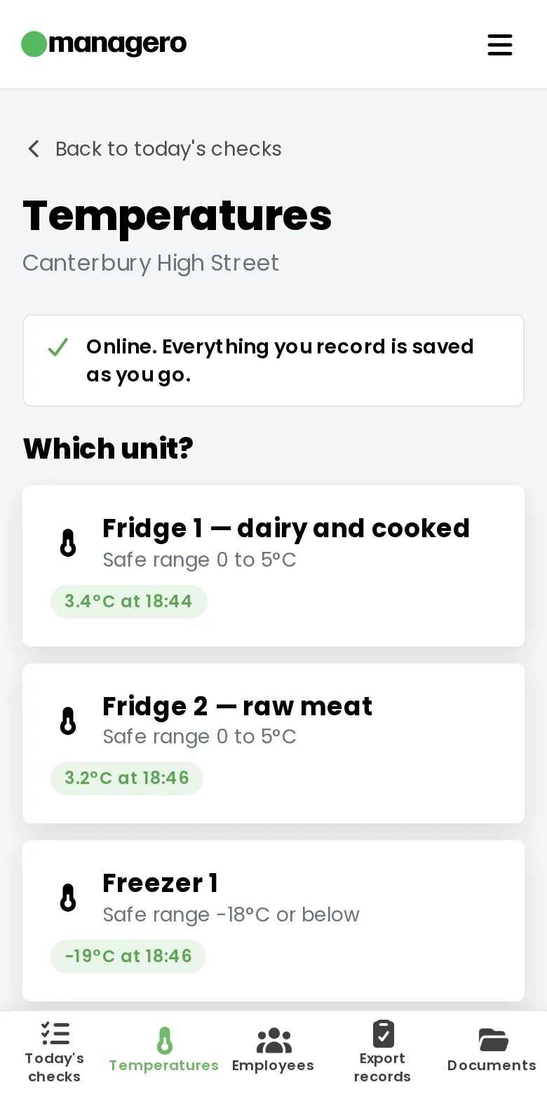 The Temperatures screen in managero on a phone, showing the day’s fridge and freezer readings.