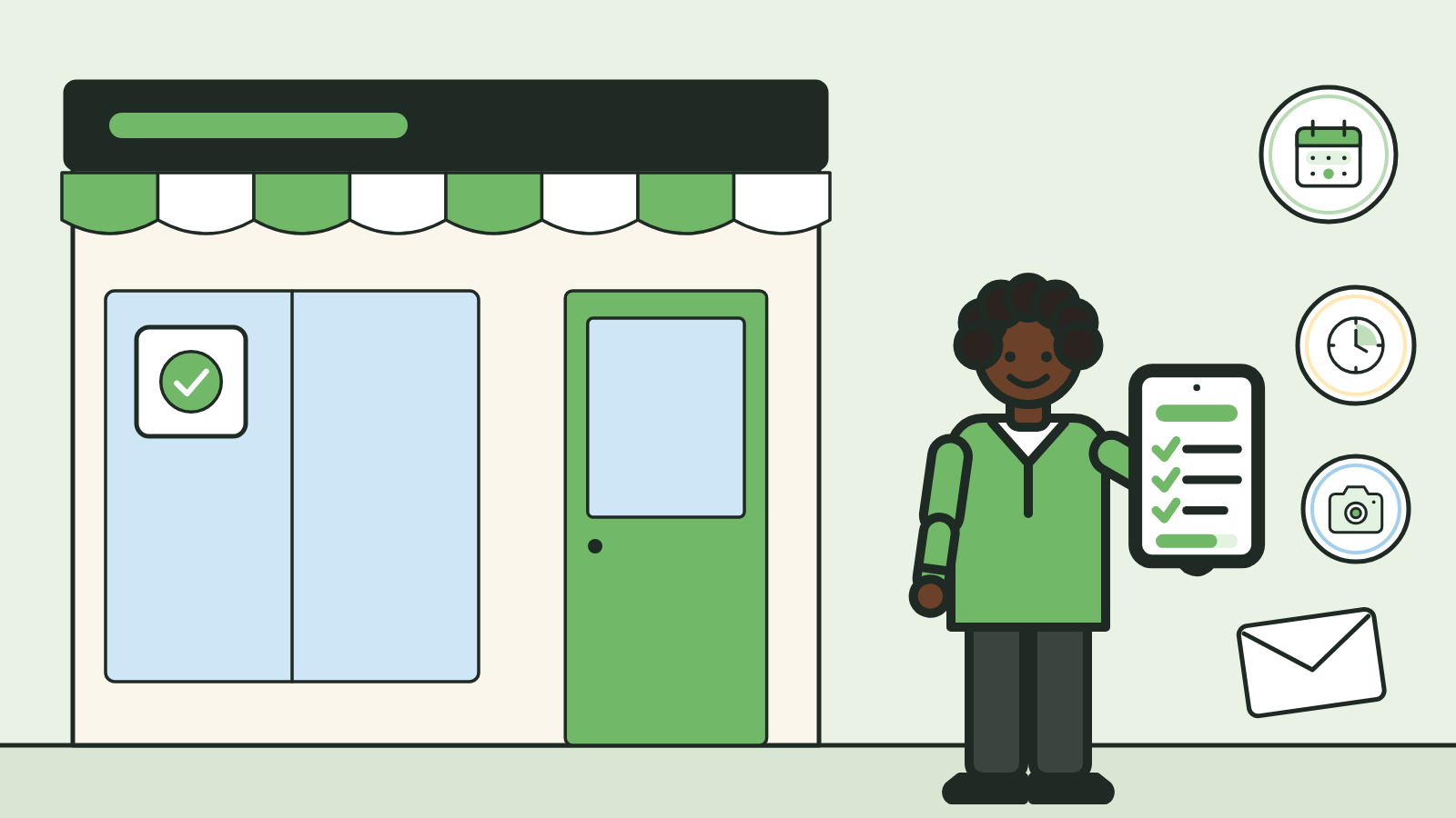 Café owner outside her shopfront holding a tablet of completed checks, ready to request a food hygiene rating revisit