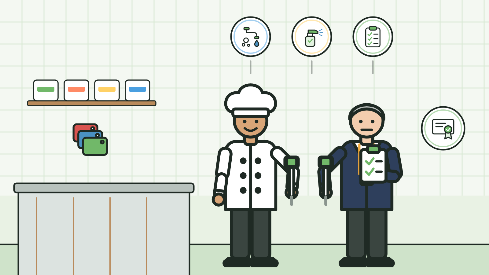 A food safety officer with a clipboard talks to a chef in a kitchen, food hygiene rating scores explained in three parts