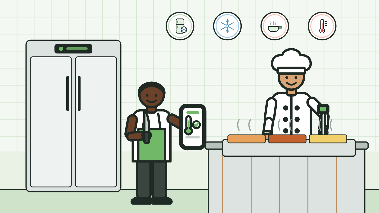 Kitchen with a two-door fridge, a cook logging a reading on a phone, a chef at hot holding: legal fridge temperature UK
