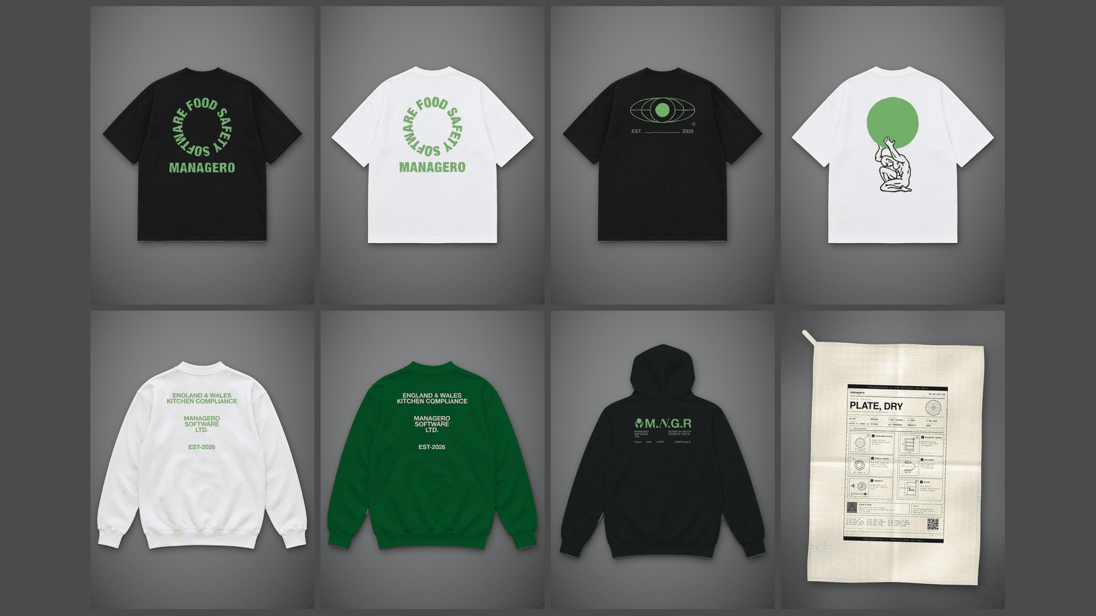 Eight DROP 01 items from the managero shop: four T-shirts, two sweatshirts, a black hoodie and a tea towel