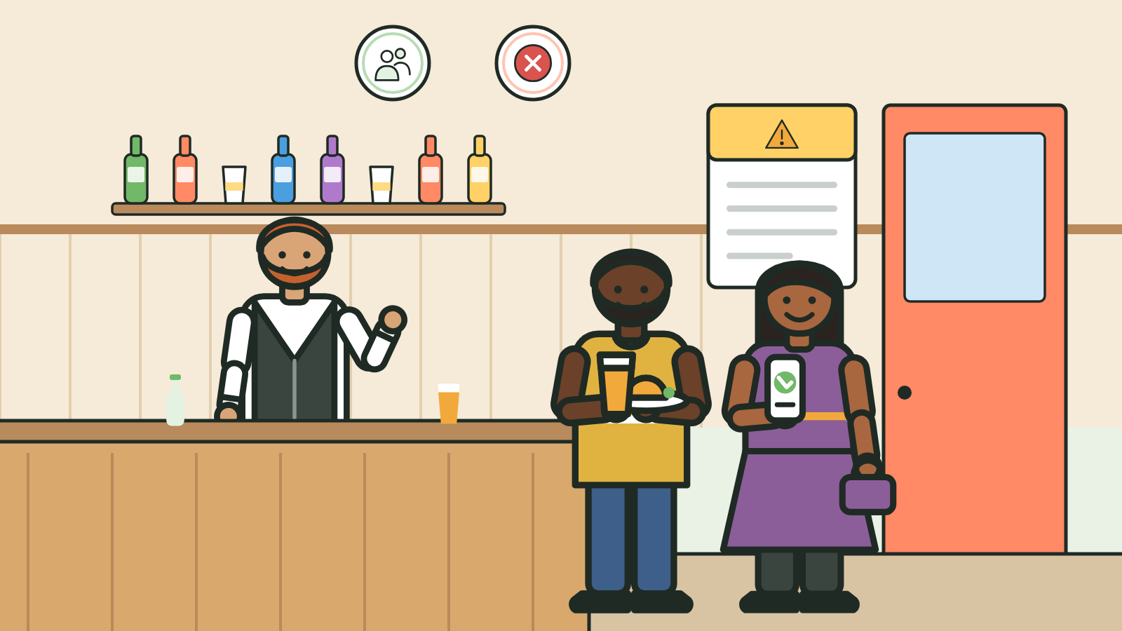 A bartender raises a hand to stop serving at a pub bar, with a notice by the door: the right to refuse service in the UK