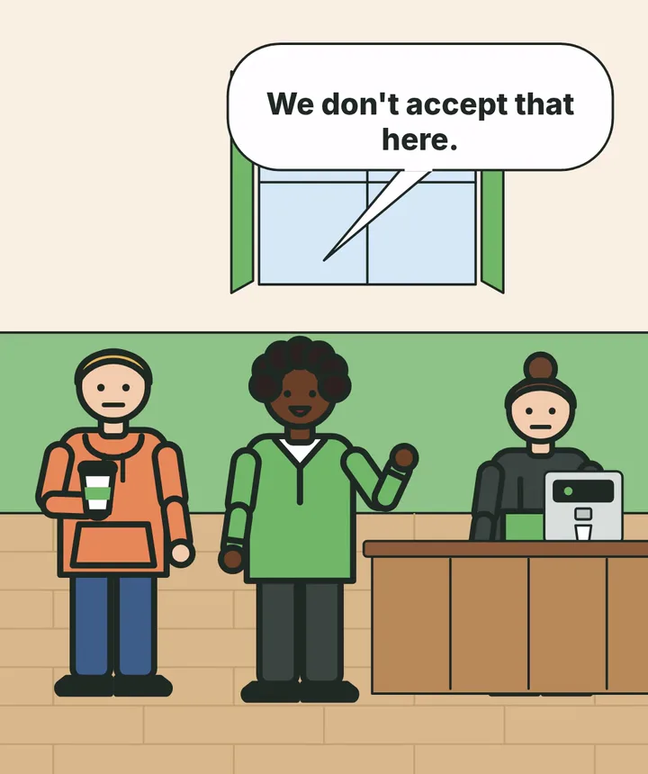 An illustrated café counter: a manager tells a customer, We don't accept that here.