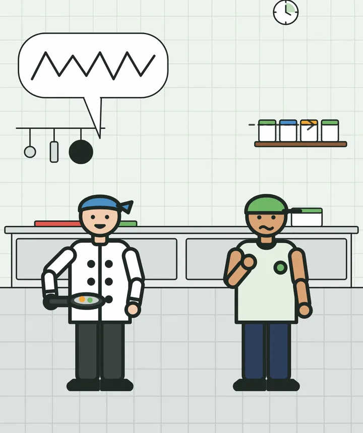 An illustrated kitchen: a chef makes a comment and a colleague looks uncomfortable.