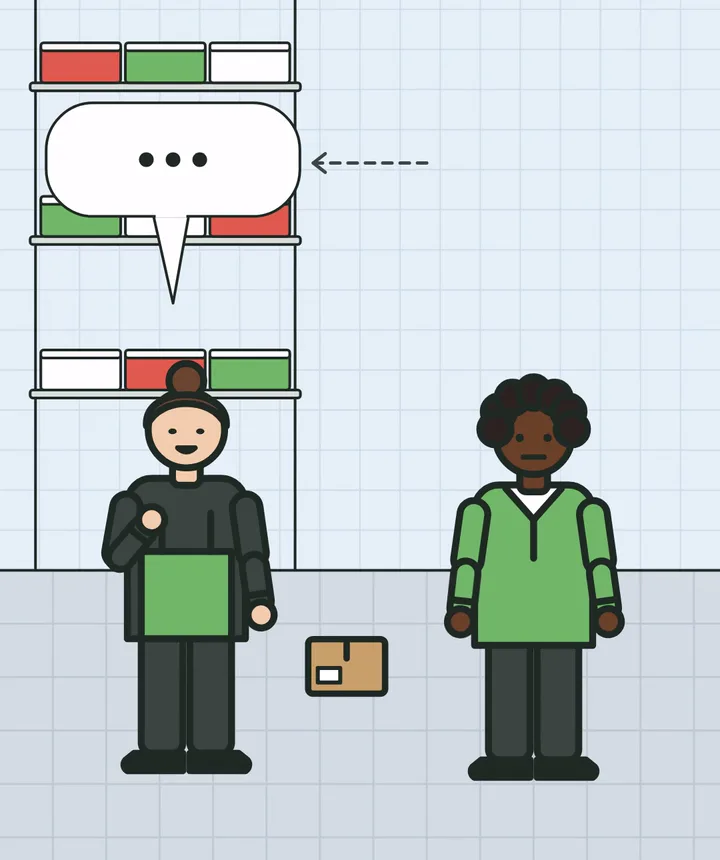 An illustrated stockroom: a member of staff talks to her manager.