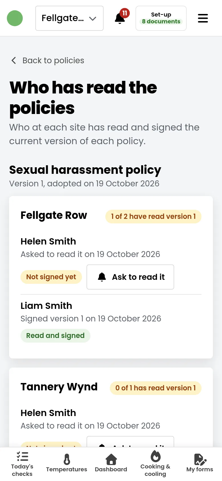 managero showing which staff have signed the harassment policy.